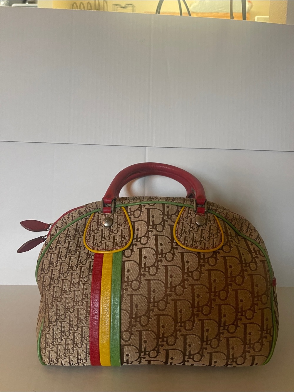 Vintage Dior Monogram Satchel with Red, Yellow & Green Trim